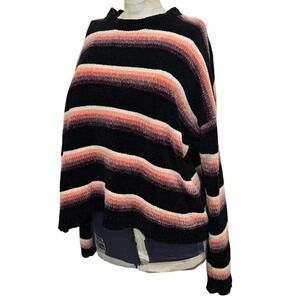 VOLCOM‎ XL 12 Chenille Stripe Sweater Fuzzy Boxy Black Sunset Orange Coral